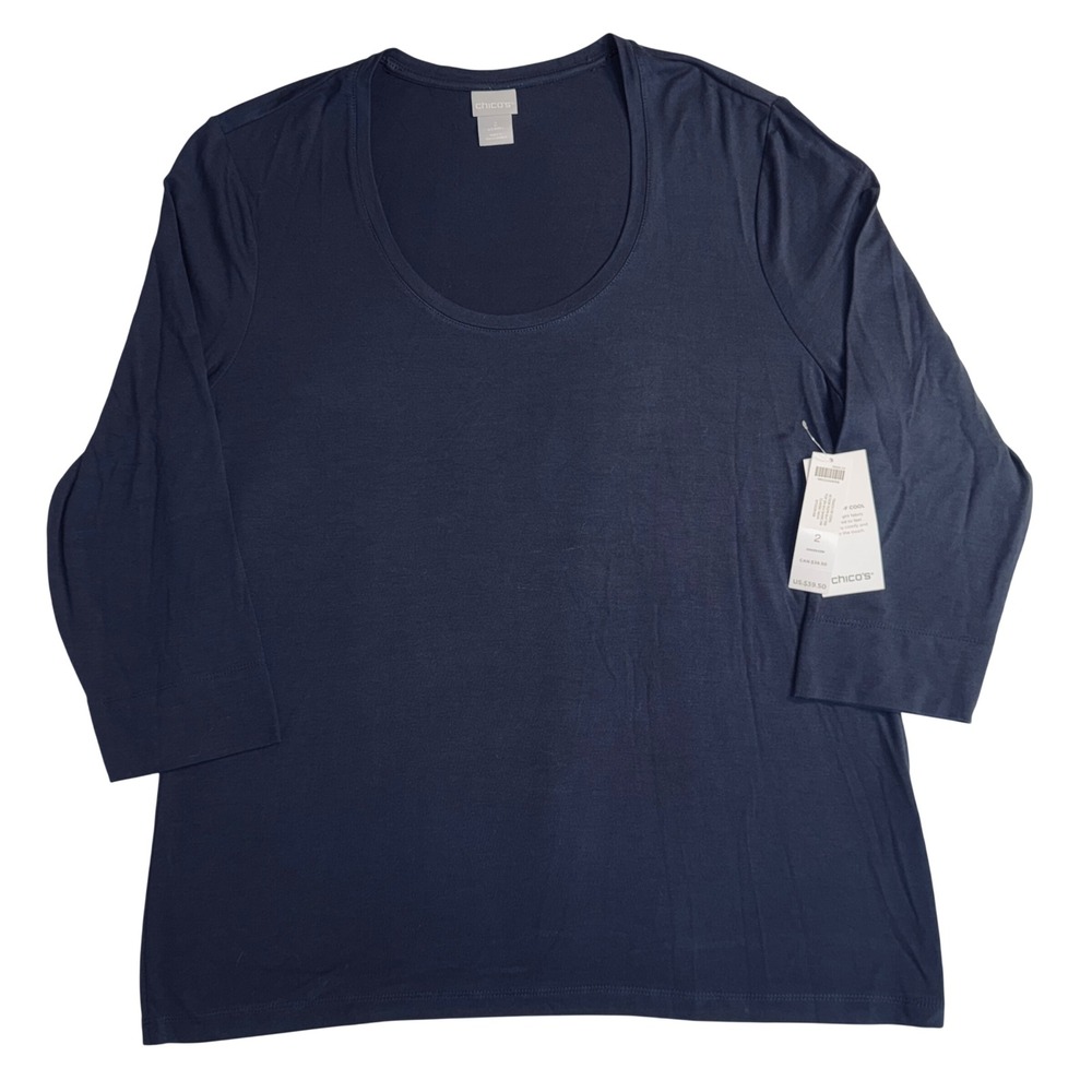 Chico's Touch of Cool Scoop Neck 3/4 Sleeve Tee Navy Blue Size 2 L/12 NEW